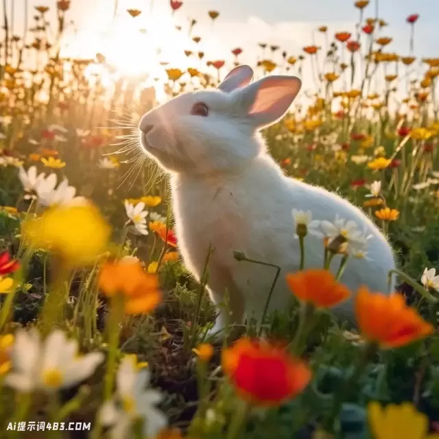 蓬松的白兔在阳光斑驳的草地上的宁静