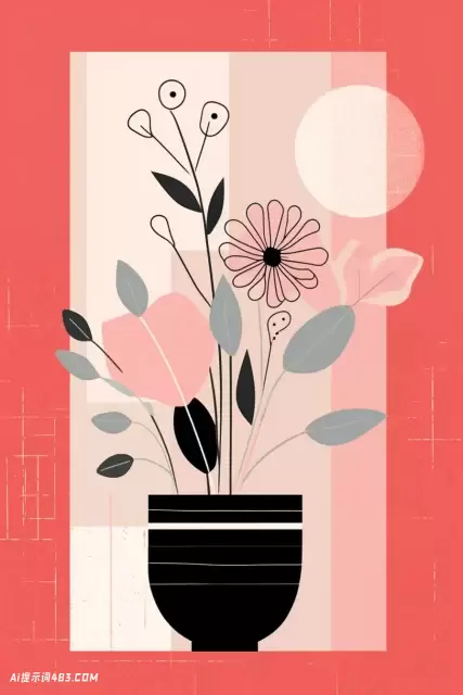 粉红色背景上花瓶中的粉红色花朵: 数字立体主义印花
