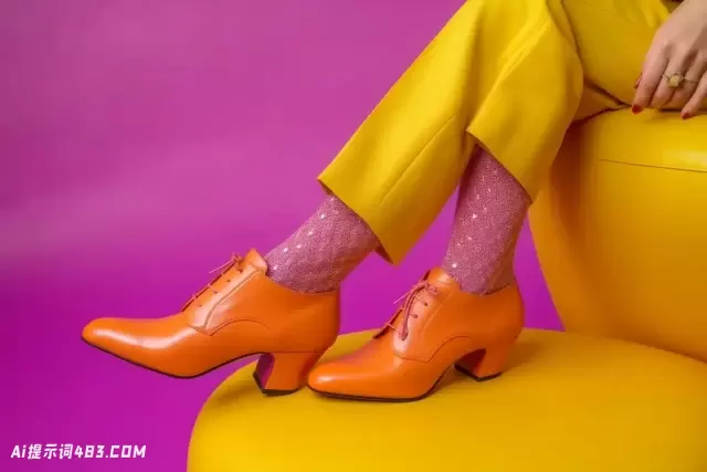 20世纪70年代的时尚女士与五颜六色的鞋子在黄色背景