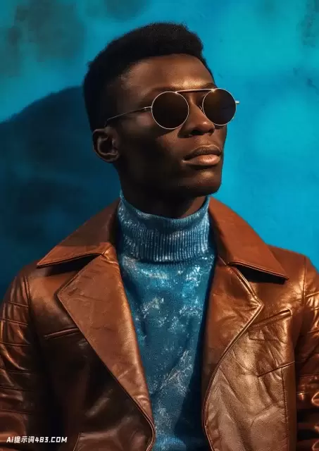 年轻的男孩在非洲未来的棕色皮夹克和太阳镜