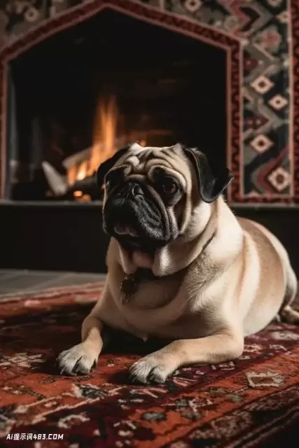 可爱的Pug狗在复古地毯上的复古壁炉旁放松