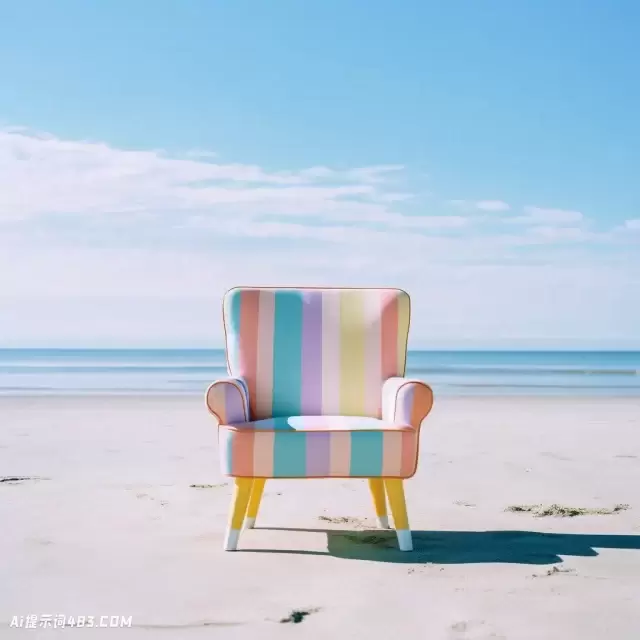 多色极简主义: 海滩上的条纹椅子