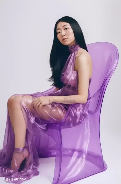 坐着的艺术: 一个穿着紫色连衣裙的女人