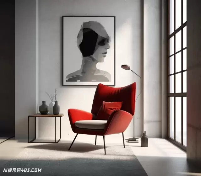 现代客厅与红色椅子和墙壁艺术