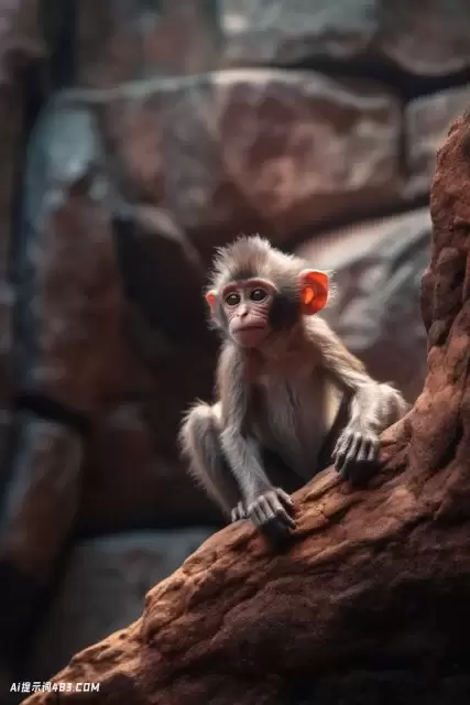 小猴子坐在动物园的岩石上: 迷人的孩子般的纯真