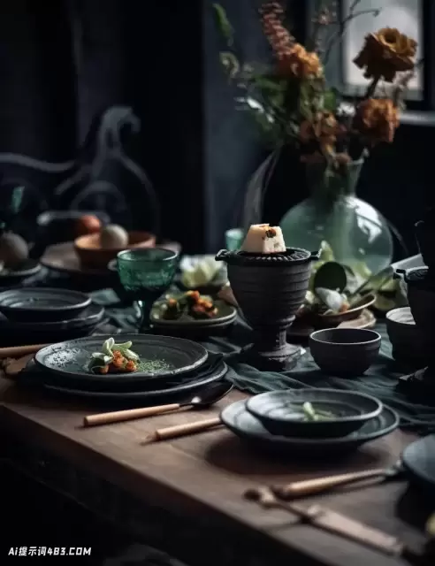 茶党表设置在一个黑暗的木制桌子上的翡翠和黑色