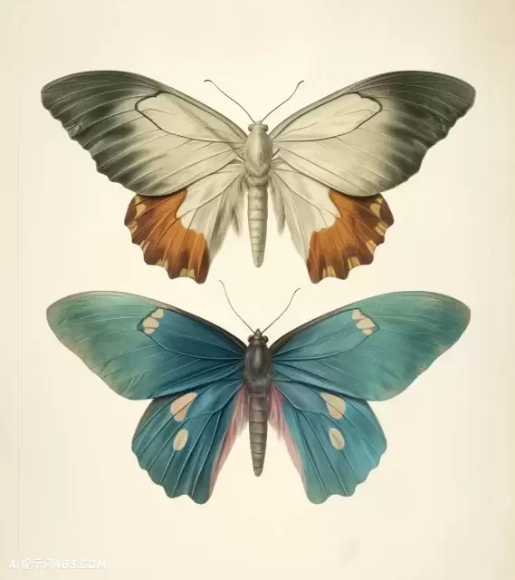 灰色和青色历史插图风格的两个飞蛾