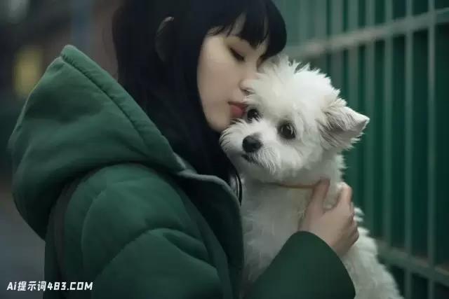 女人在中国朋克风格亲吻白狗