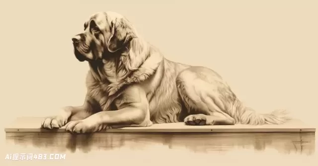 一个大的坐着的狗的现实插图