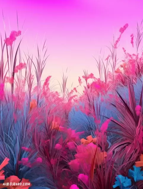 色彩缤纷的景观场景与粉红色和蓝色的草