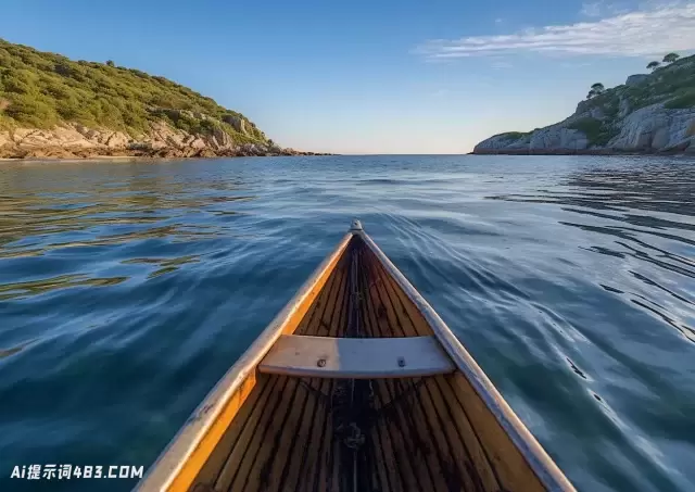 独木舟在光滑闪亮的海岸风景上的景色