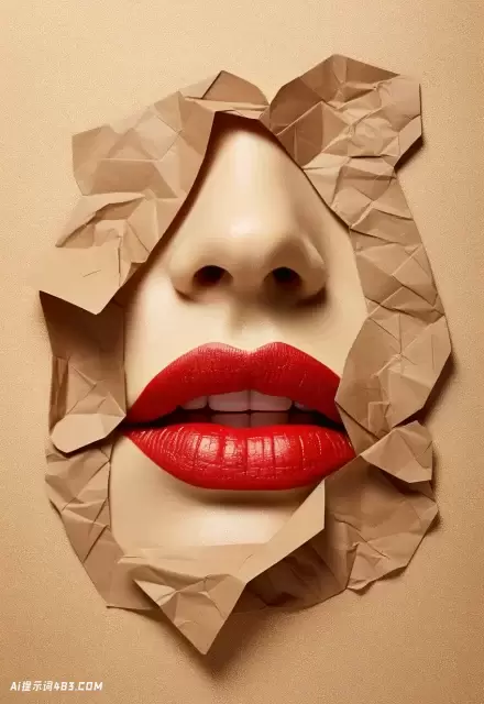 牛皮纸上的红色嘴唇: 达米安·赫斯特风格的抽象，操纵的照片