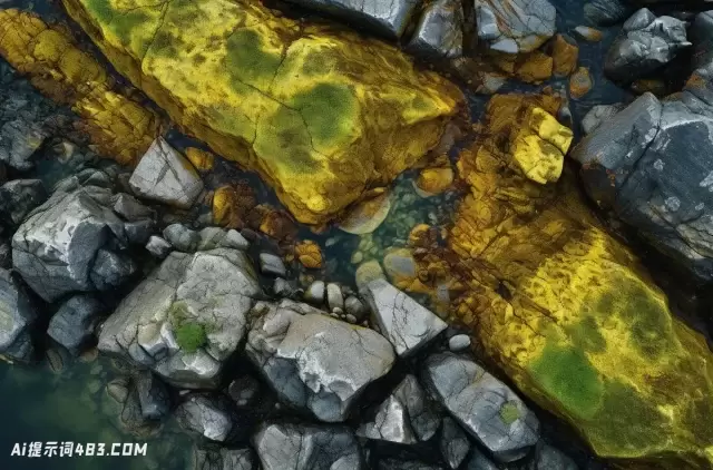 海滩岩石上的绿藻: 带有深棕色和黄色穿孔画布的航拍照片