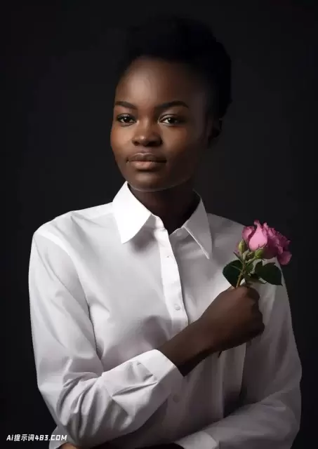 年轻的非洲女人拿着花在白色衬衫