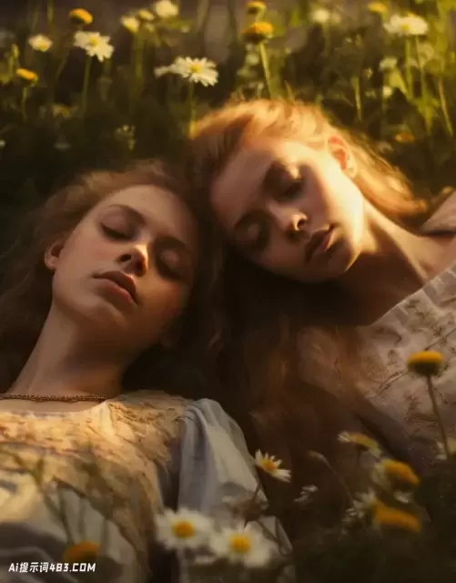 两个女孩躺在花田上: 南部哥特式风格的照片拍摄
