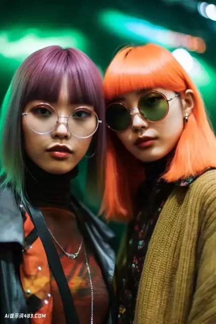 两个亚洲妇女与绿色的头发在最大的风格