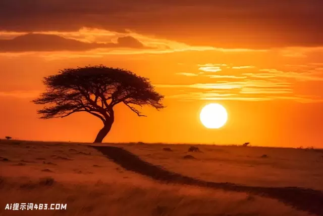 非洲灵感的剪影对太阳的一棵单身的树