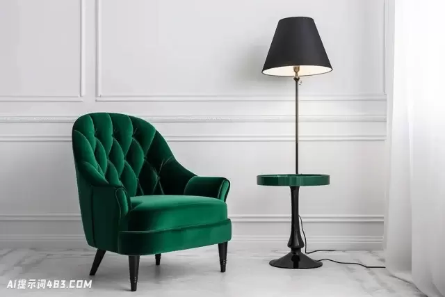 白色房间的复古绿色天鹅绒扶手椅与黑色复古风格落地灯