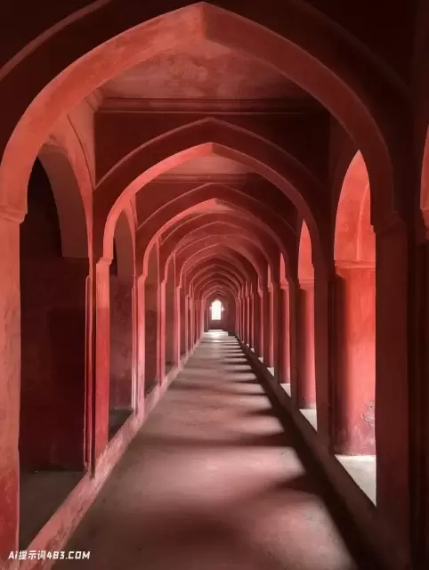 Tawabs Fort: 带有拱门和概念装置艺术的红色建筑