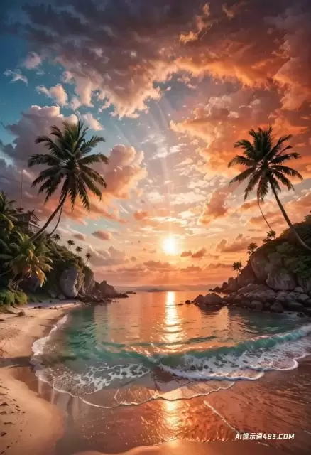 棕榈树日落海洋太阳多云的天空