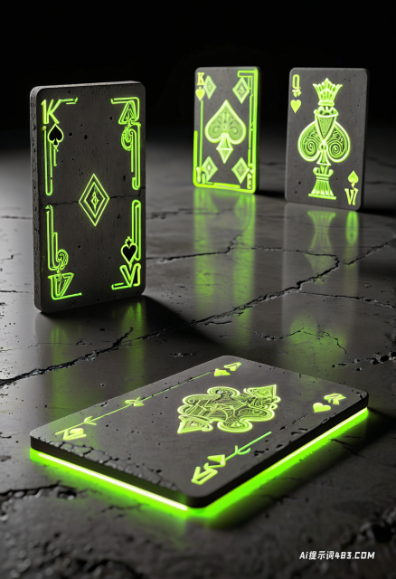 一排由混凝土和绿色霓虹灯制成的许多扑克牌