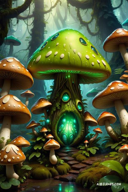 科幻森林中一个无辜的绿色外星人蘑菇