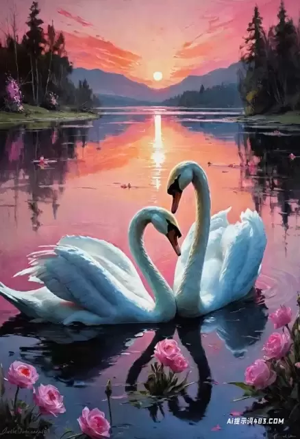 日落时湖面上开着粉红色花朵的天鹅