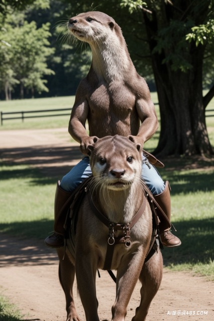 蓝色裤子的动物骑马