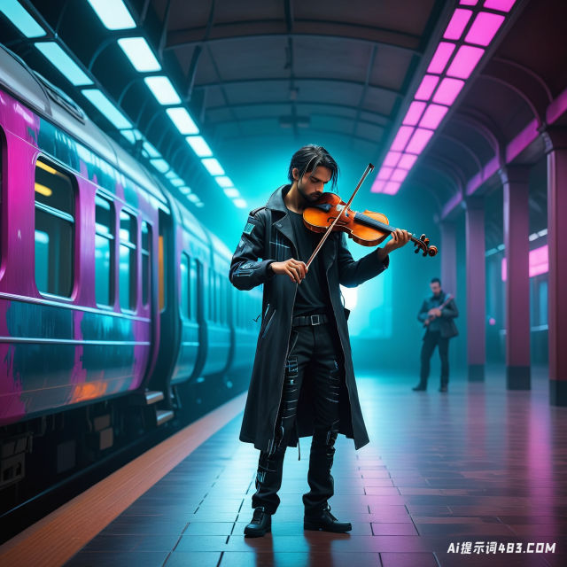 一个孤独的音乐家在一个废弃的火车站用小提琴演奏
