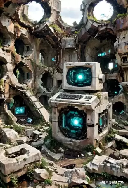 废墟中的反乌托邦复古未来主义计算机