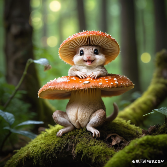 一张微距照片蘑菇松鼠