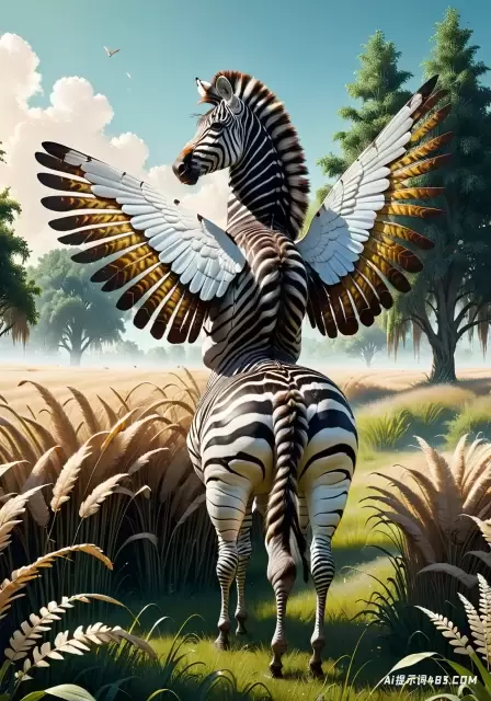一只背部有着巨大翅膀状装饰的斑马站在一片高高的草地上