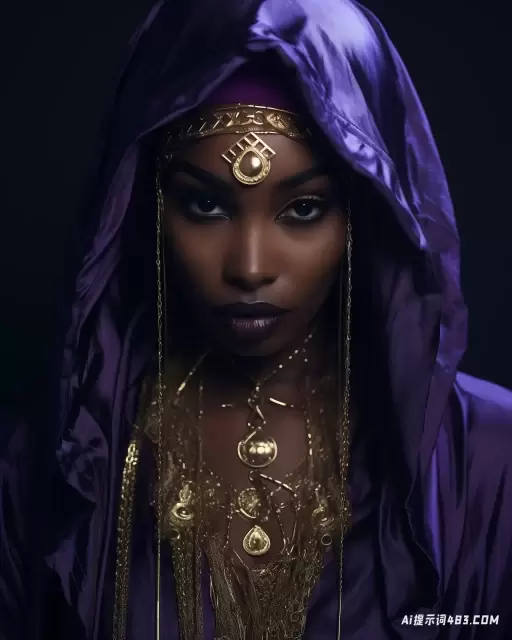 穿着紫色连帽夹克的女人，搭配非洲风格的项链