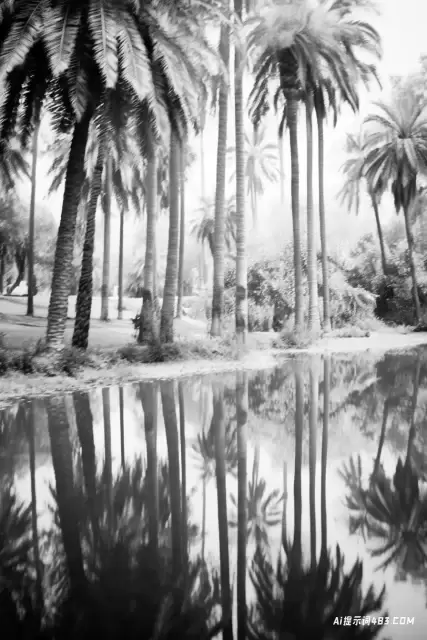 棕榈树的反射: 柔和而朦胧的印象派观点