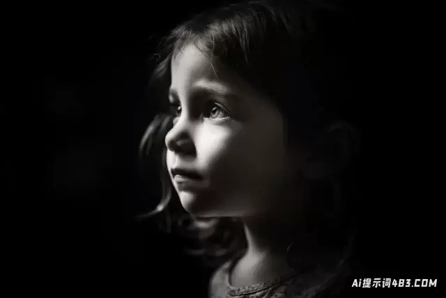一个小女孩的高对比度黑白照片