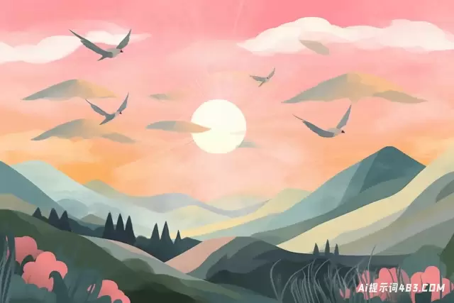 异想天开的动画画的鸟飞过山丘的风景