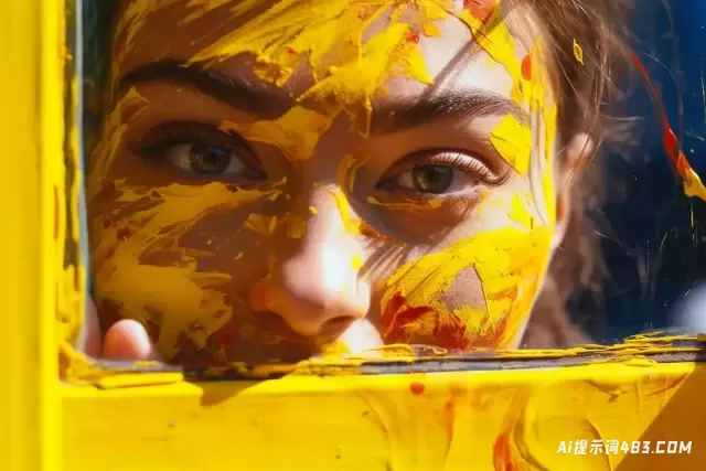 快乐表现主义: 在窗户上使用黄色油漆的女人的特写照片