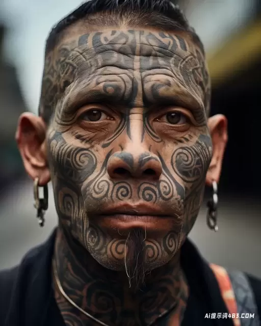 面部表情强烈的纹身人: 原始街头摄影与Moche艺术的融合