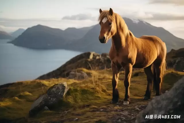 一匹棕色的马站在海边的小山上