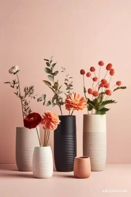 四个花瓶一朵花和其他各种材料