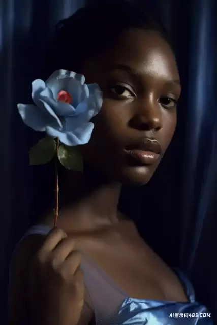 半透明的沉浸感: 一位年轻的非洲裔美国妇女的肖像，穿着蓝色连衣裙和口红，拿着一朵花