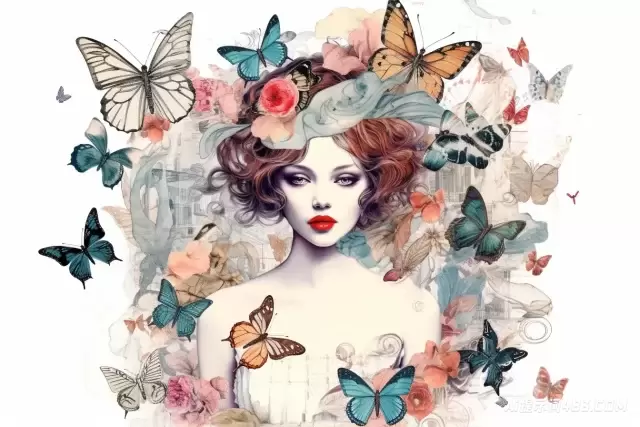 一个优雅的女孩的时尚插图与白色背景上的蝴蝶