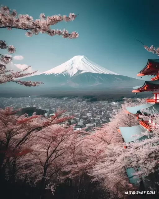 富士山和樱花树: 浅蓝色和深红色的令人惊叹的景象