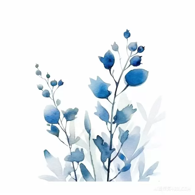 蓝色水彩植物在雪景风格