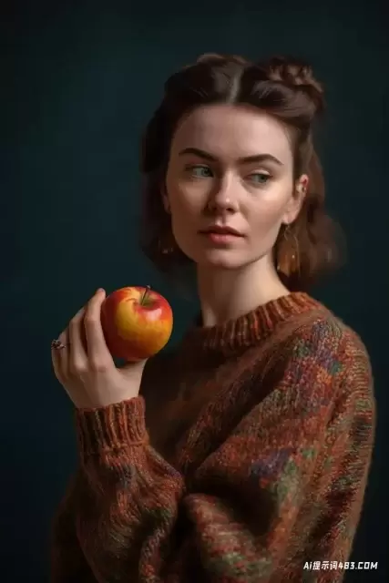 五颜六色的复古毛衣女人与被咬的苹果