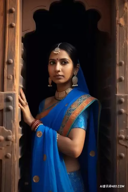 印度教女人在传统的印度服饰与蓝门在背景