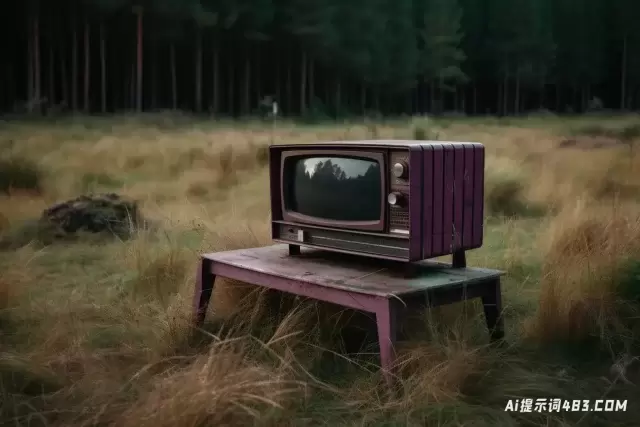 Vaporwave风格的木制长凳上的电视机