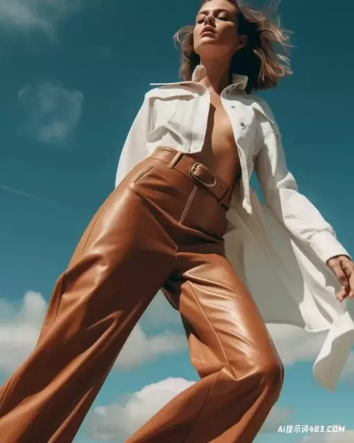 标志性的摇滚乐图像: 一个穿着阔腿白色裤子在空中行走的女人