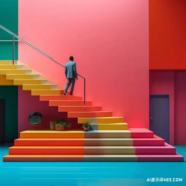 带楼梯的彩色房间: 最小设置摄影