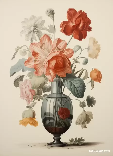 在一个透明的玻璃花瓶里画的花